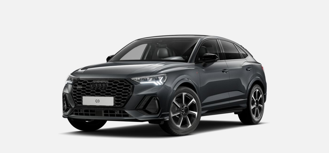 Front Links Ansicht eines dunkelgrauen Audi Q3