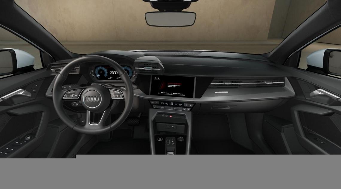 Innenansicht mit Blick auf Armaturenbrett und Mittelkonsole eines Audi A3 Sportback. Technisch generiertes Bild.