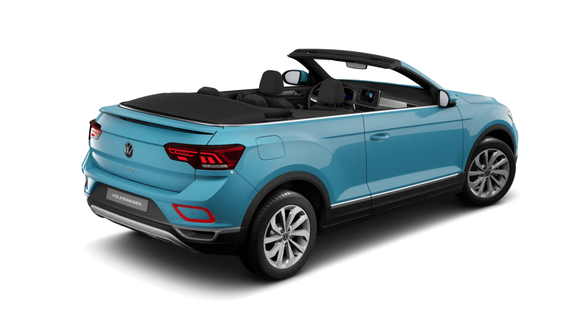 Seitliche Rückansicht eines tealblauen T-Roc Cabriolet