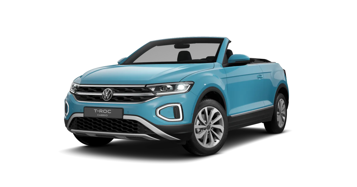 Front Links Ansicht eines teal blauen VW T-Roc Cabriolet