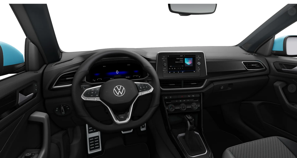 Innenansicht eines T-Roc Cabriolet R-Line mit Blick auf Armaturenbrett und Mittelkonsole