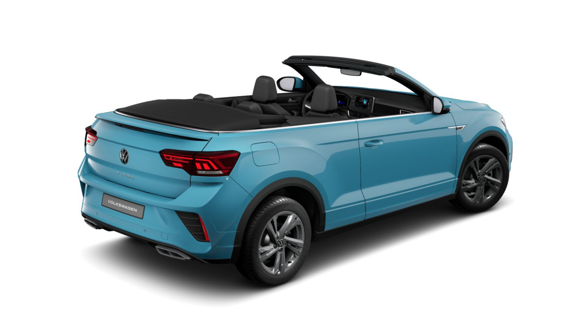 Seitliche Heckansicht: T-Roc Cabrio R-Line in tealblau