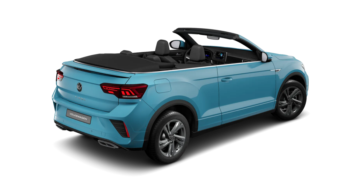 Seitliche Rückansicht eines tealblauen T-Roc Cabriolet R-Line
