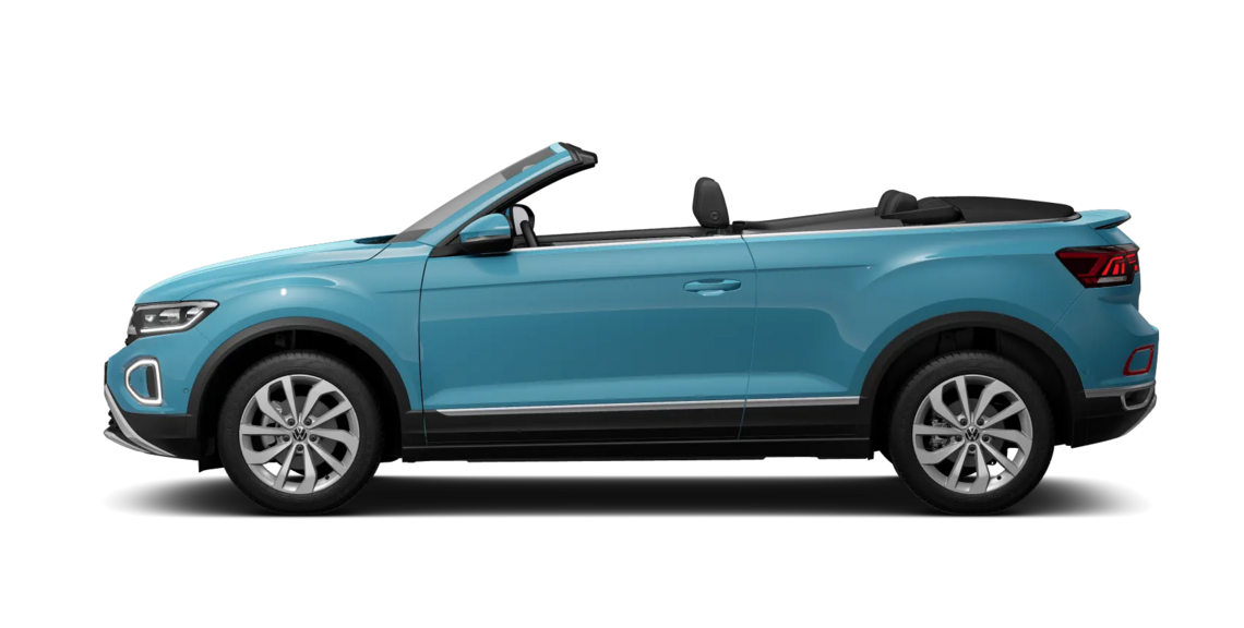 Seitenansicht eines teal blauen T-Roc Cabriolet