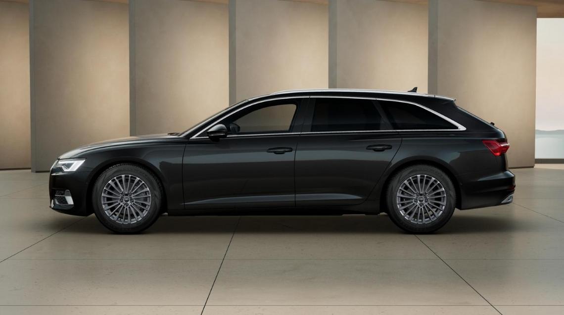 Seitenansicht eines schwarzen Audi A6 Avant. Technisch generiertes Bild