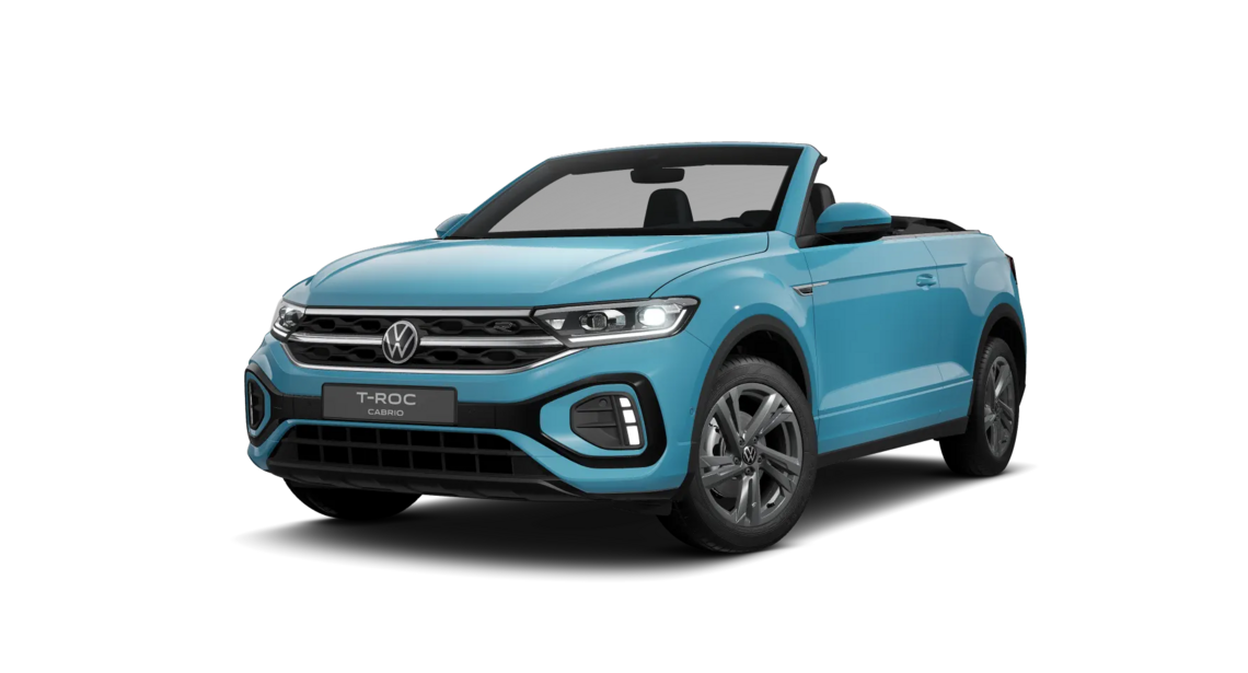 Front Links Ansicht eines tealblauen T-Roc Cabriolet R-Line