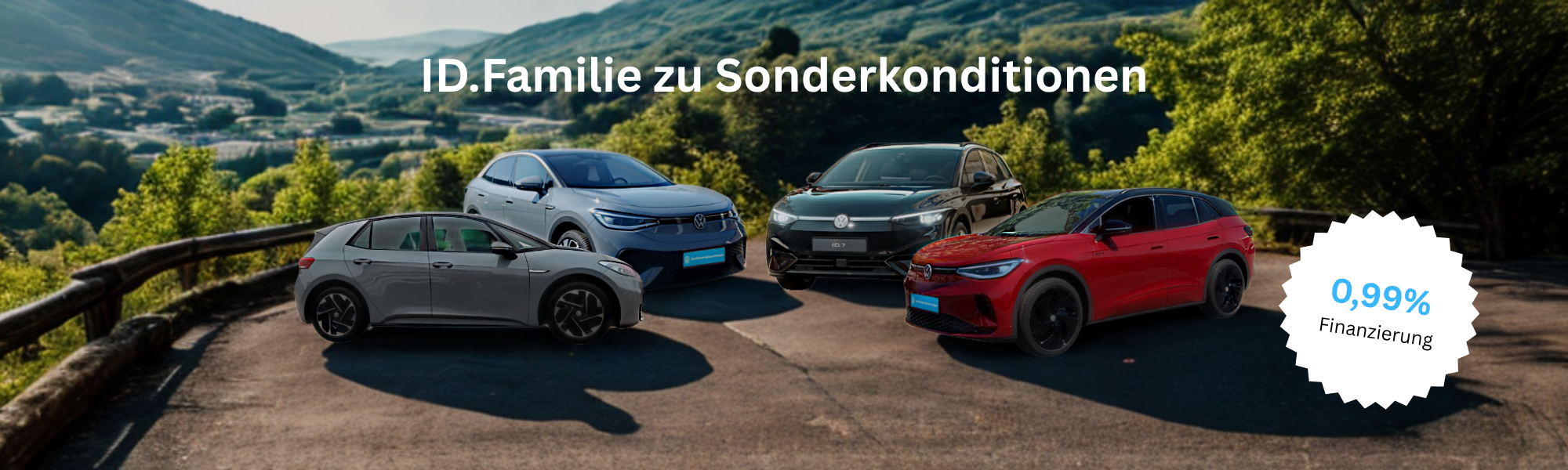 Bannerbild mit 4 gebrauchten ID.Modellen auf einen Parkplatz mit Blick auf eine Stadt und grüne Wälder. Schriftzug: ID. Familie zu Sonderkonditionen. Störer: 0,99% Finanzierung