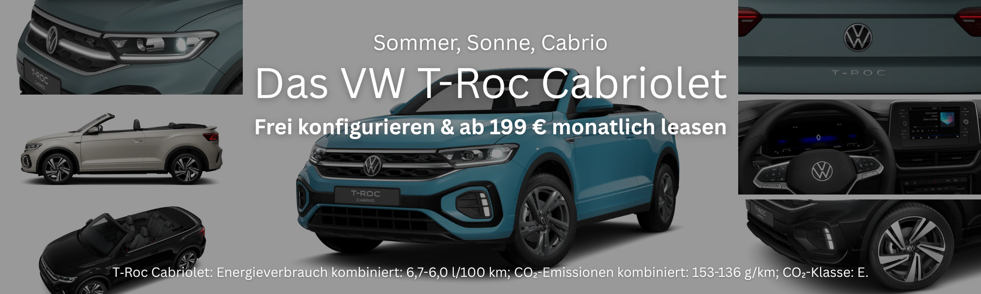 Verschiedene Cabrios und Detailaufnahmen des T-Roc Cabriolets. Schriftzug liest: Sommer, Sonne, Cabrio. Das VW T-Roc Cabriolet: Frei konfigurieren und ab 199 € monatlich leasen